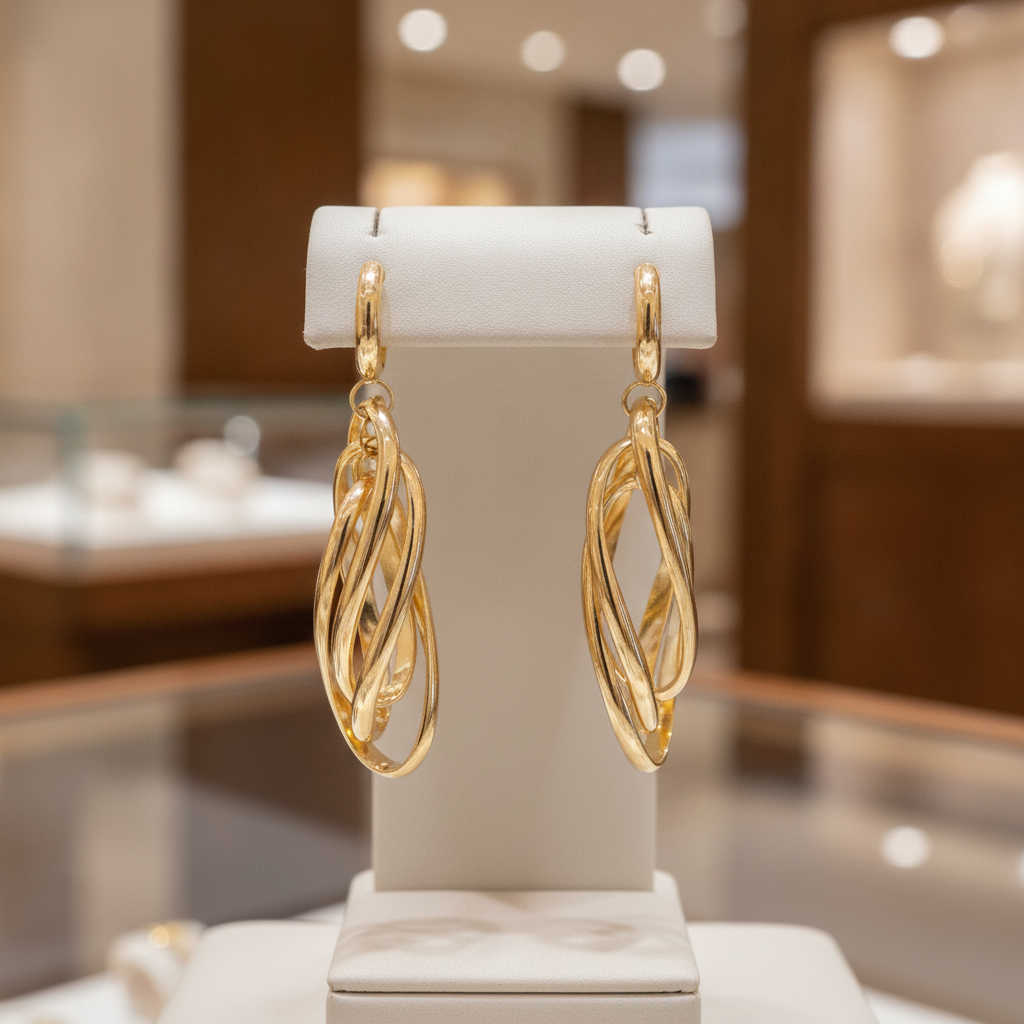 15850023044. 14K Solid Gold Twist Triple Oval Hollow Dangle Earrings