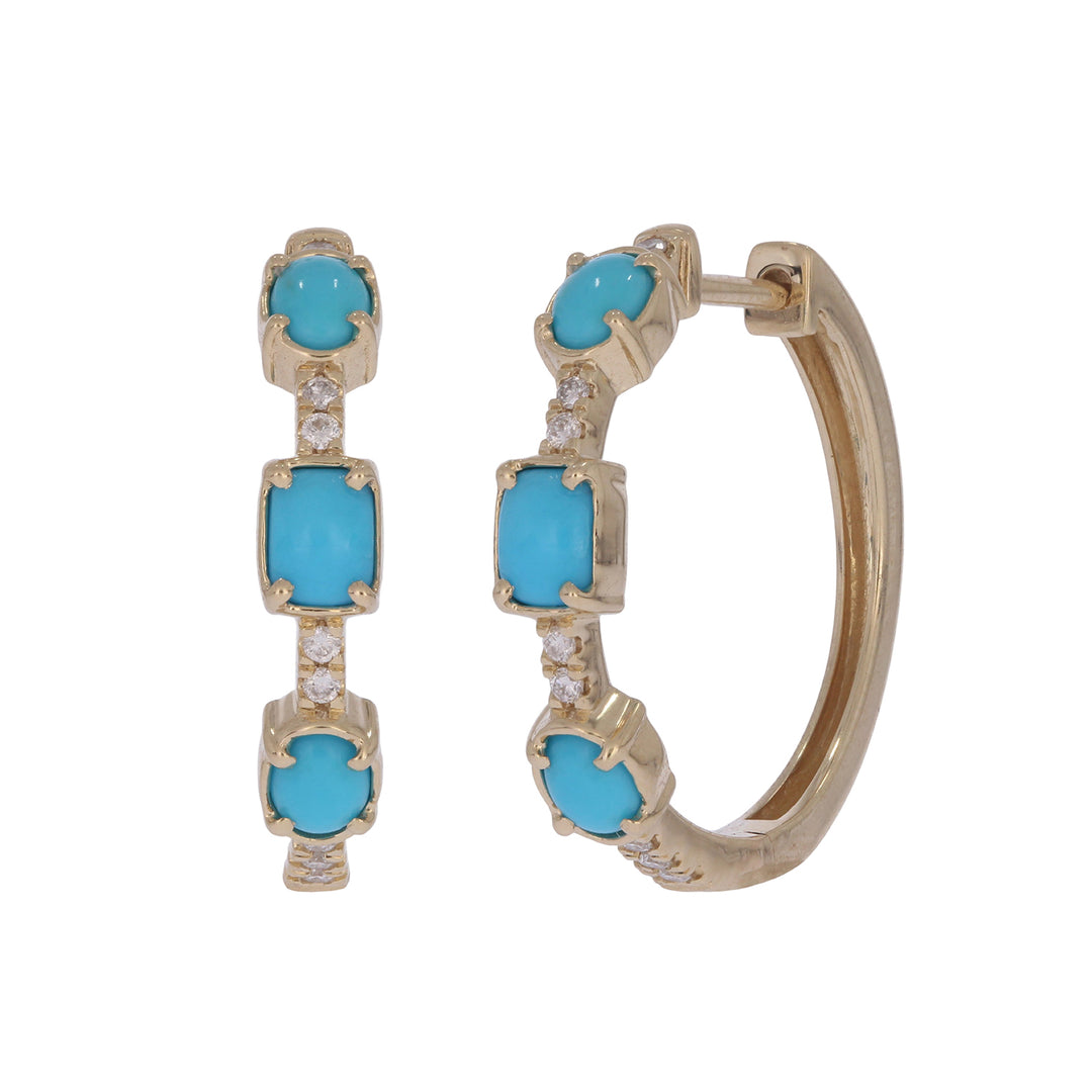 EHB57701TQ. 14K Solid Gold Turquoise and Diamond Hoops