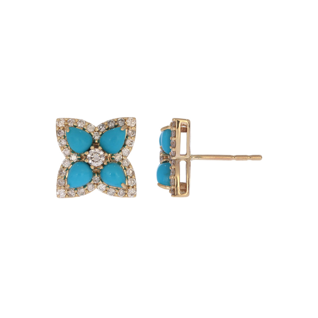 CE97451TQ4X3. 14K Solid Yellow Gold Diamond and Turquoise Flower Stud Earring