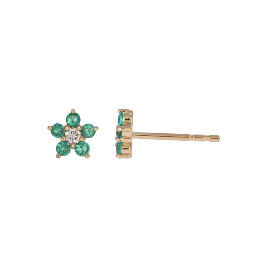 CE97507EM1.8. 14K Solid Gold Diamond and Emerald Flower Stud Earrings