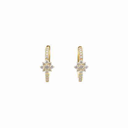EHF57627. 14K Solid Yellow Gold Diamond Flower Hoop Earrings