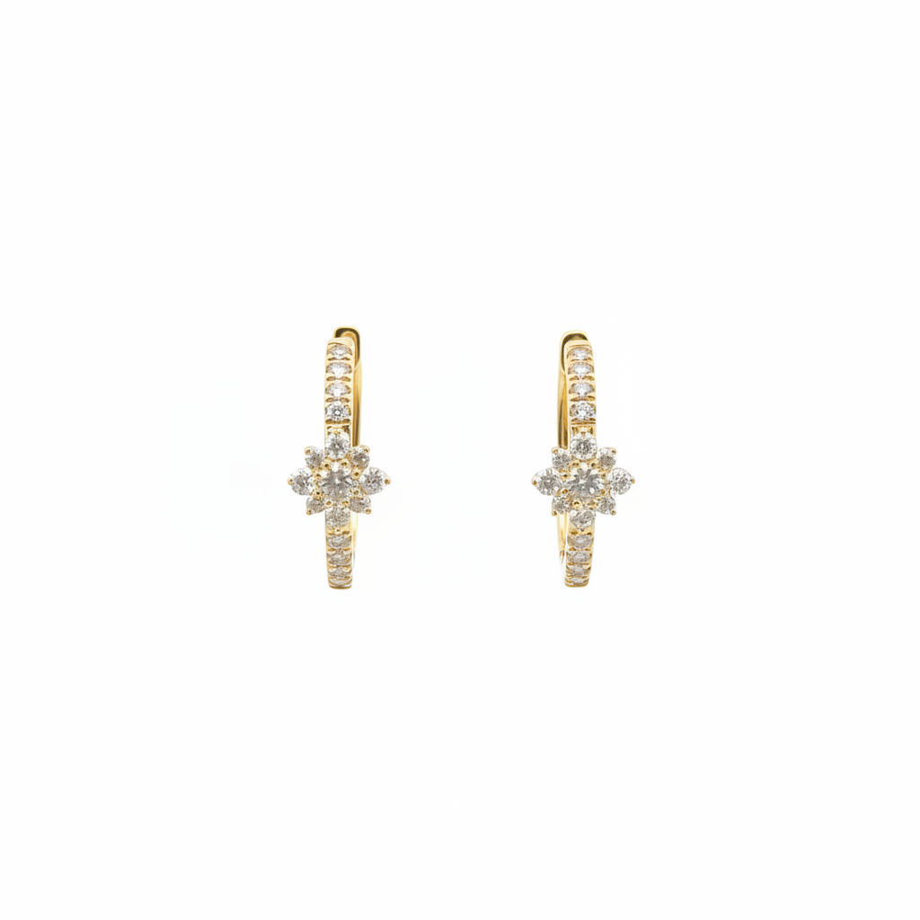 EHF57627. 14K Solid Yellow Gold Diamond Flower Hoop Earrings