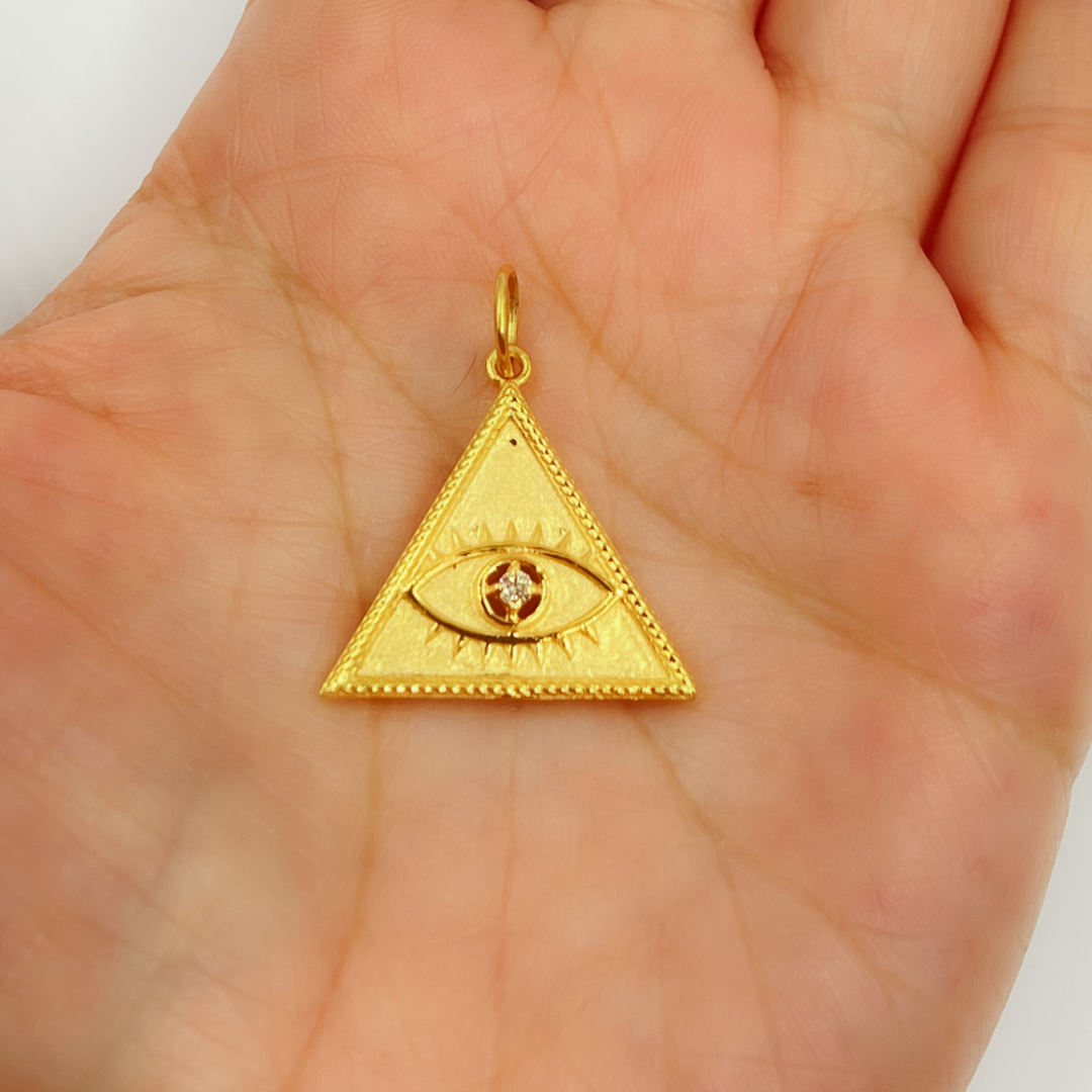 14K Solid Gold Charm. Triangle Evil Eye Pendant with Diamonds. GDP334