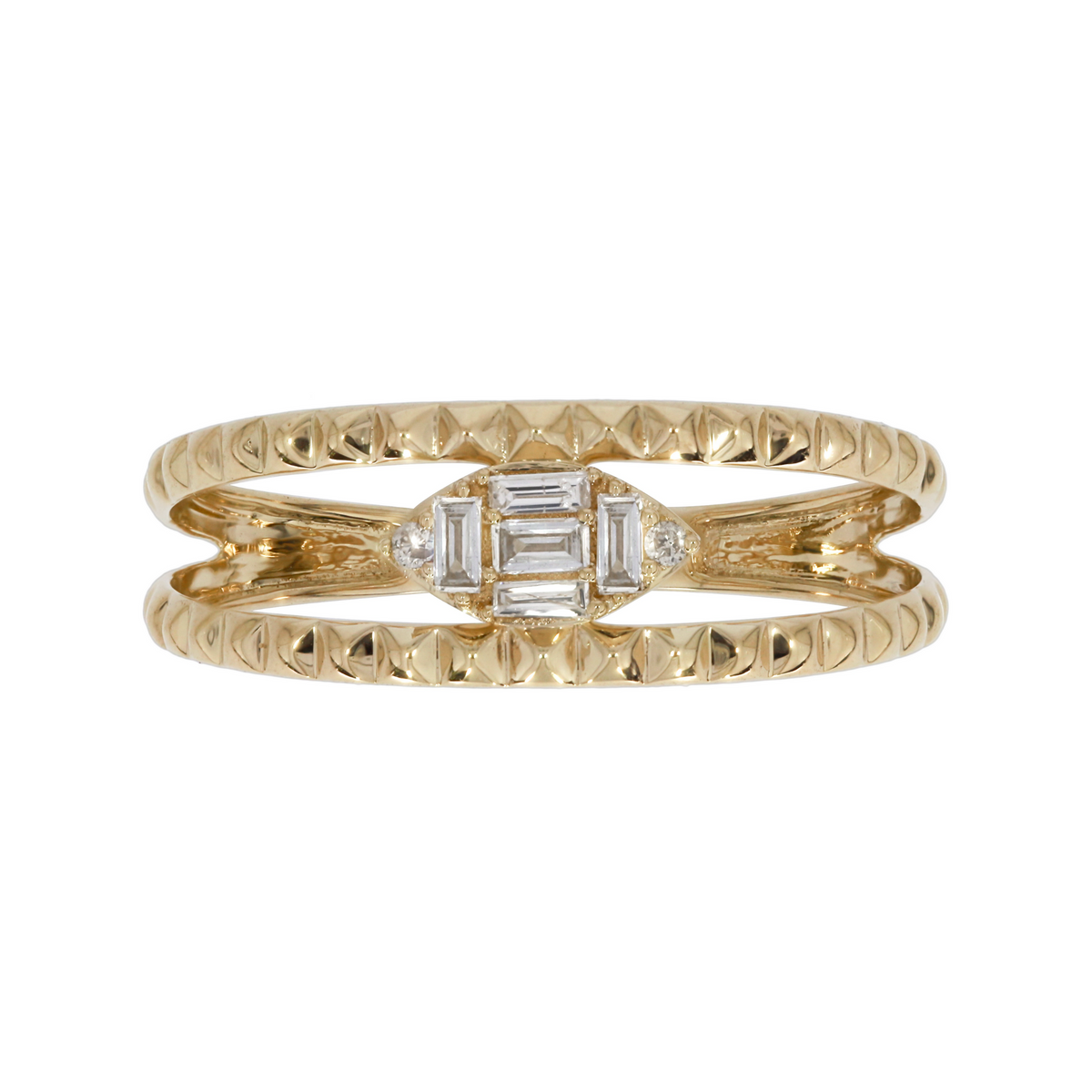 14K Solid Gold Baguette Diamond Double Band Ring.