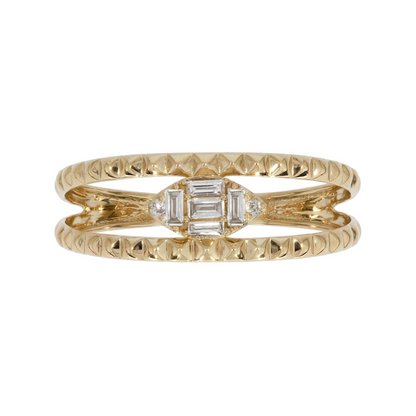 14K Solid Gold Baguette Diamond Double Band Ring.