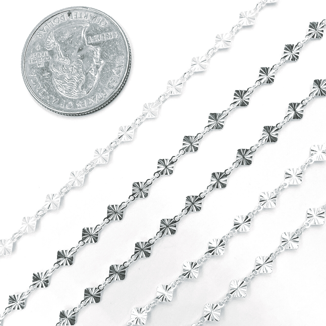 925 Sterling Silver Hammered Diamond Link Chain. V72SS