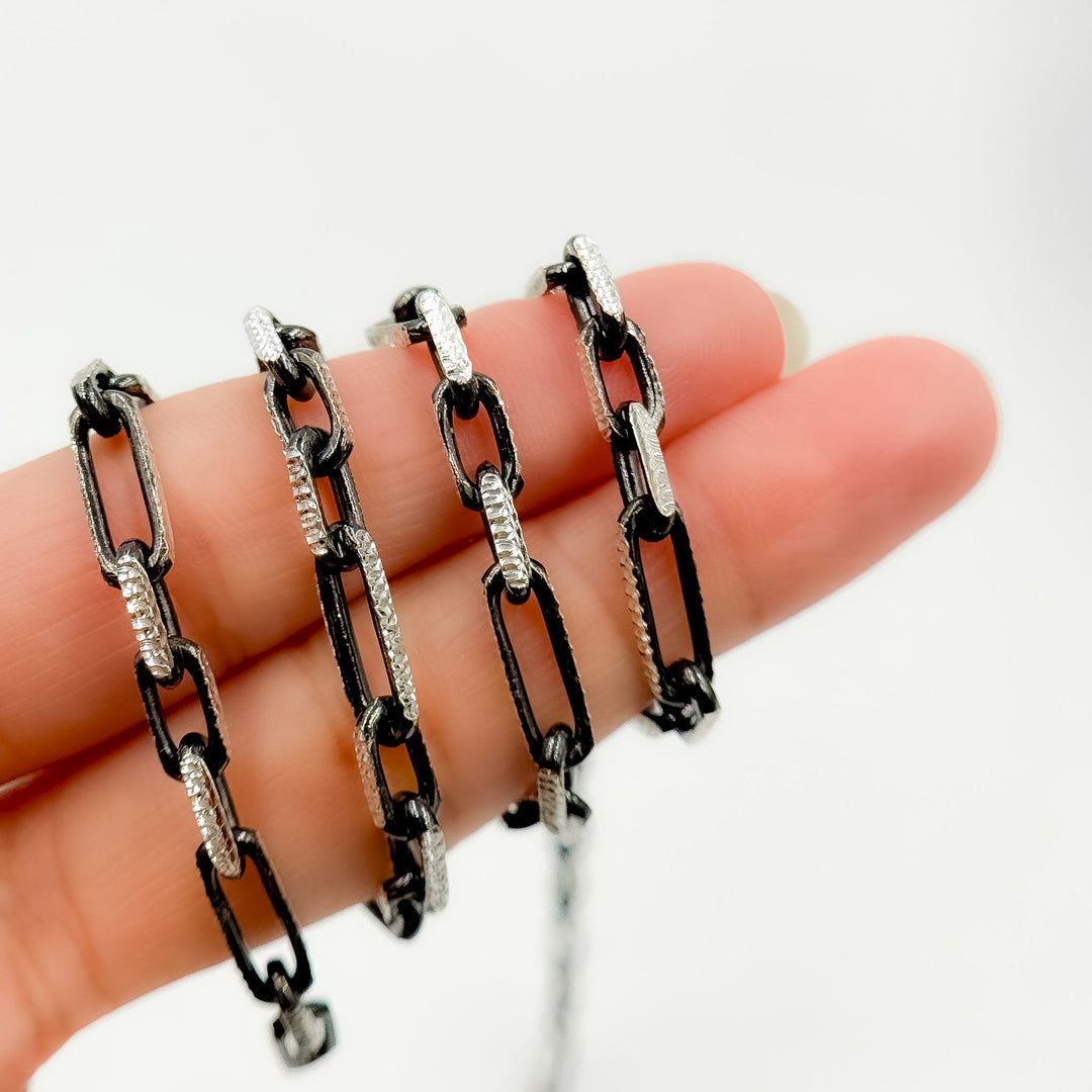 Z119SBDC. Black Rhodium and White Sterling Silver Paperclip Diamond Cut Cable Chain