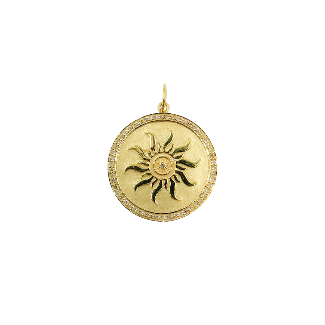 14K Solid Gold Diamond Circle Charm with Sun in the Center. GDP80