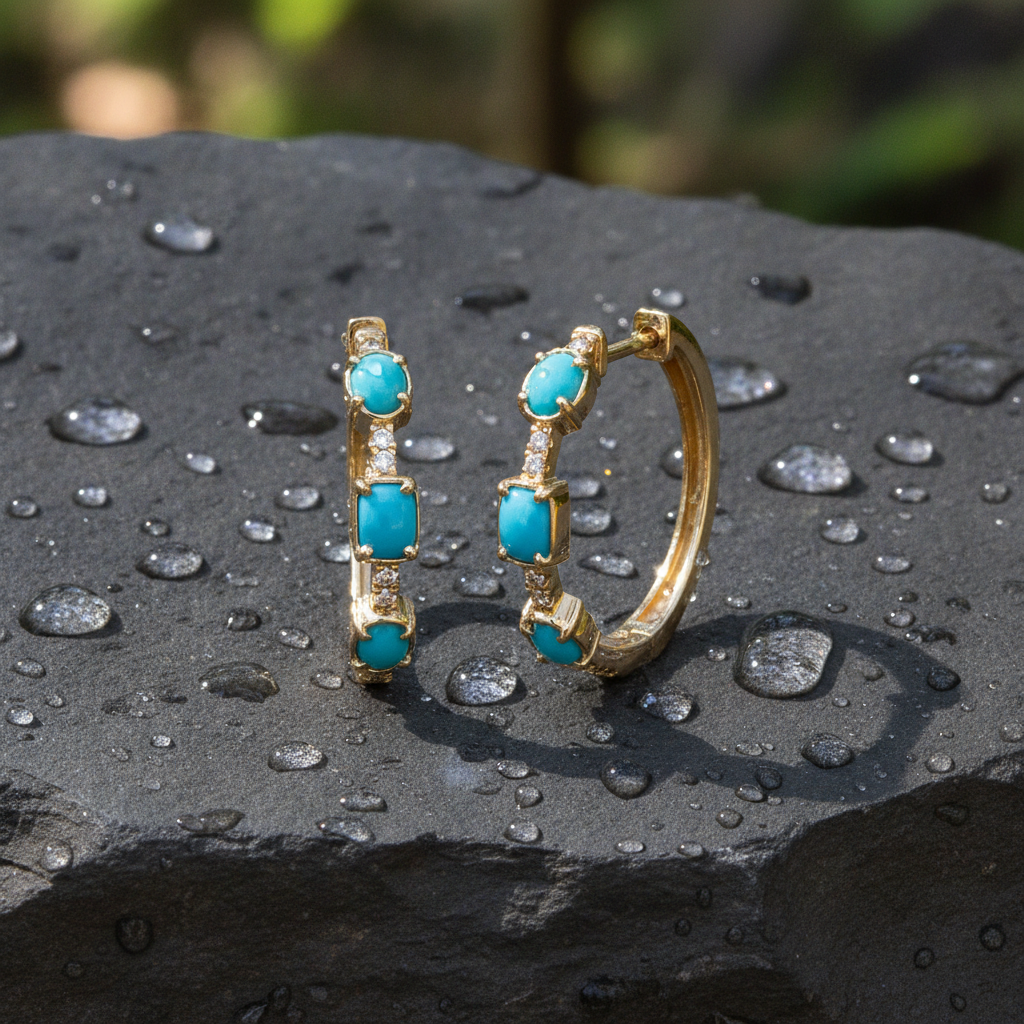 EHB57701TQ. 14K Solid Gold Turquoise and Diamond Hoops