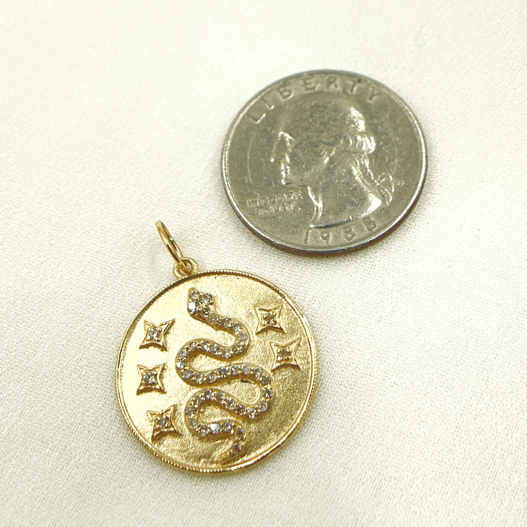 14K Solid Gold Diamond Circle Charm with Snake and Stars in the Center. GDP163