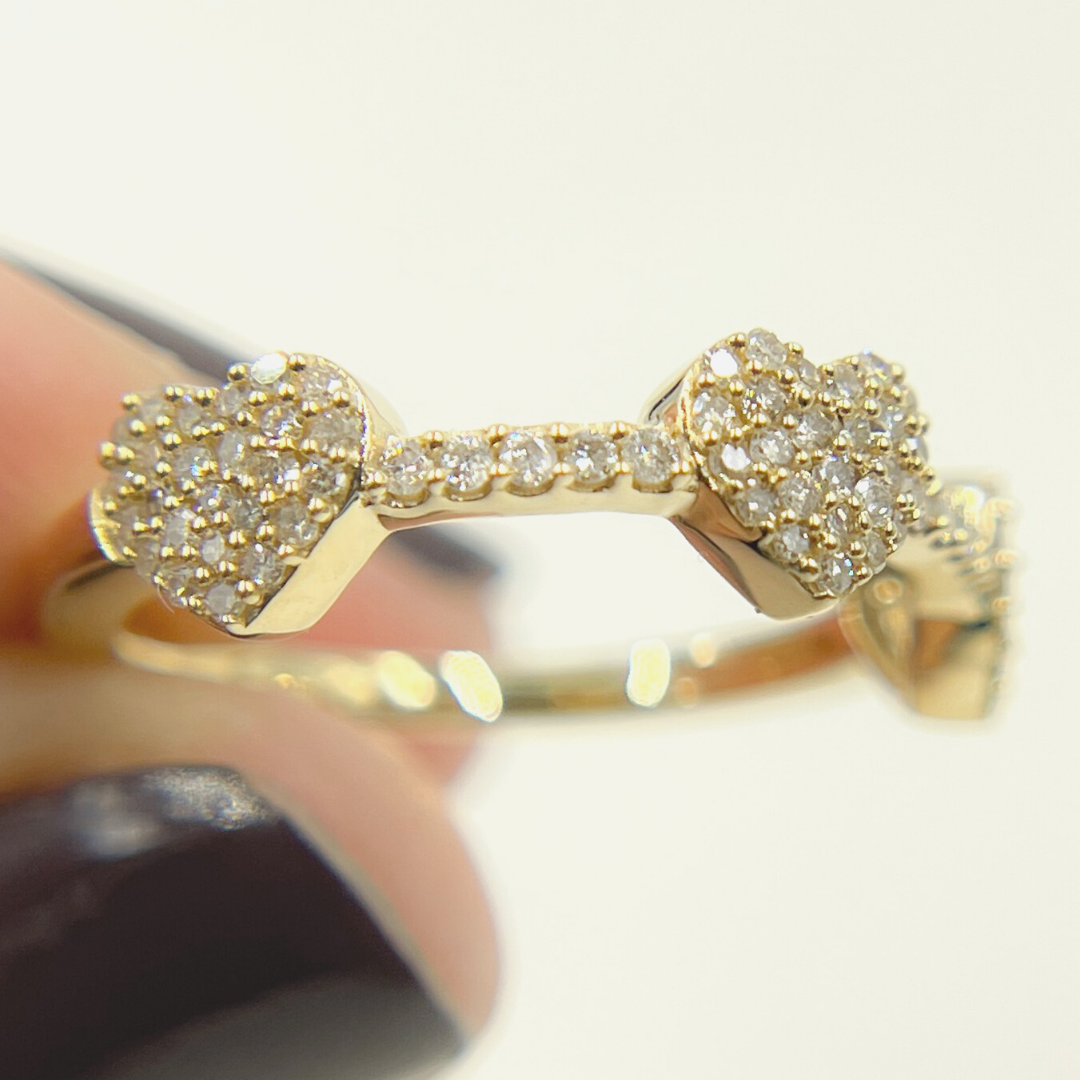 14K Solid Yellow Gold Diamond Hearts Band Ring. RAF01413