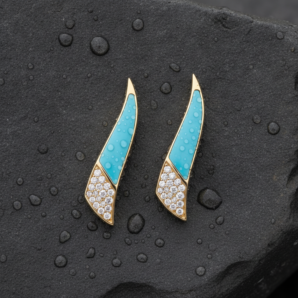 DER03375TQ. 14K Solid Gold Diamond and Turquoise Fancy Stud Earrings