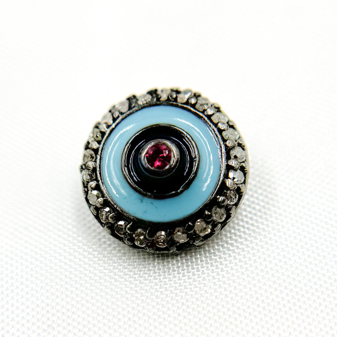 DC142A. Diamond Sterling Silver Round Enamel Bead with Gemstone