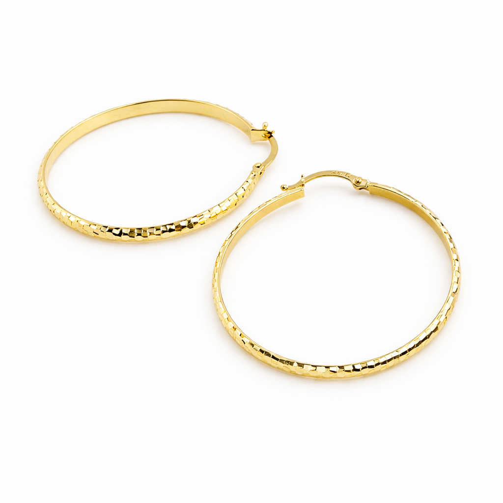 GER73. 14K Gold Diamond Cut Hollow Hoop Earrings