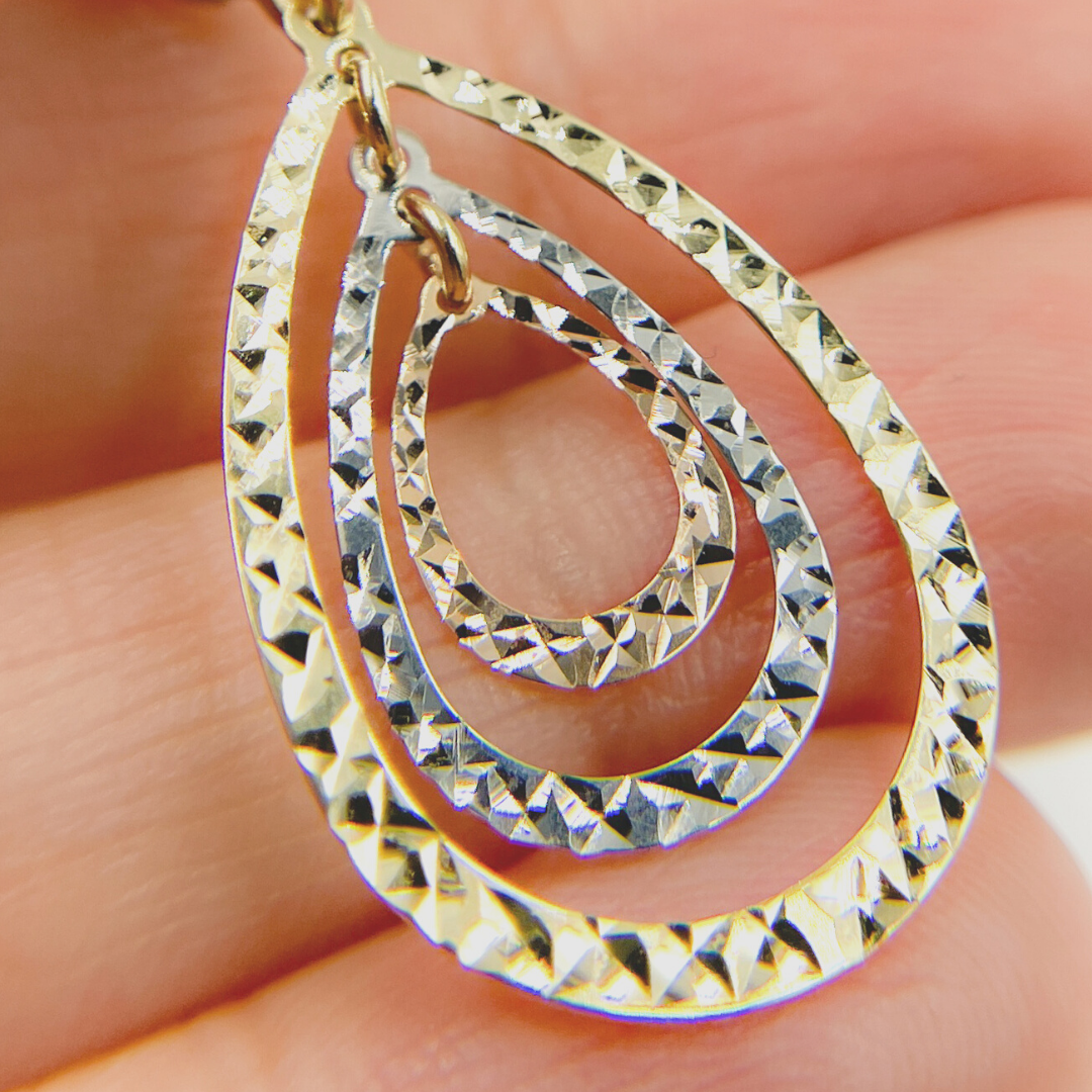 GER113. 14K Solid Gold Dangle Earring with Tri - Color Diamond Cut Drops.