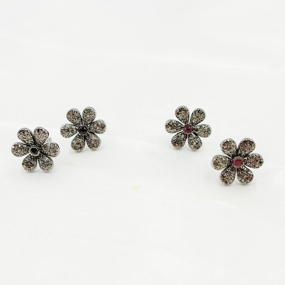 DE058. Diamond and Gemstones Sterling Silver Flower Studs