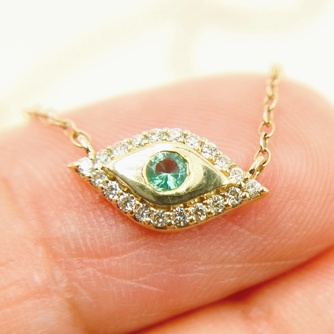 14k Solid Gold  Diamonds and Emerald Evil Eye Necklace. NFB71122EM