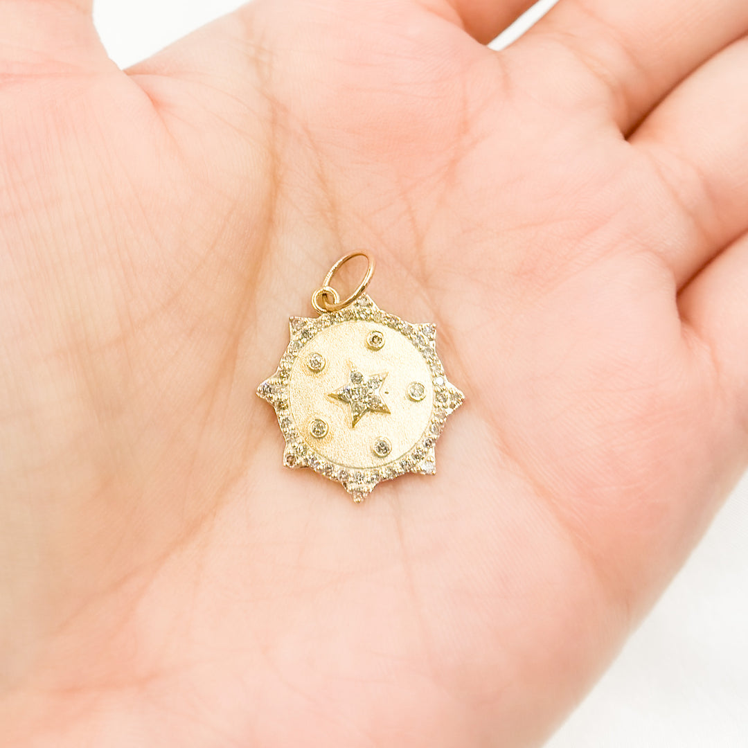 14K Solid Gold Diamond Sun Shape Charm with Star in the Center in Gemstones. GDP547