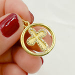 Load image into Gallery viewer, Pave Diamond &amp; 925 Sterling Silver Black Rhodium, Two-Tone (Black Rhodium and Gold Plated), Gold Plated and Rose Gold Plated Round Cross Pendant. DP462
