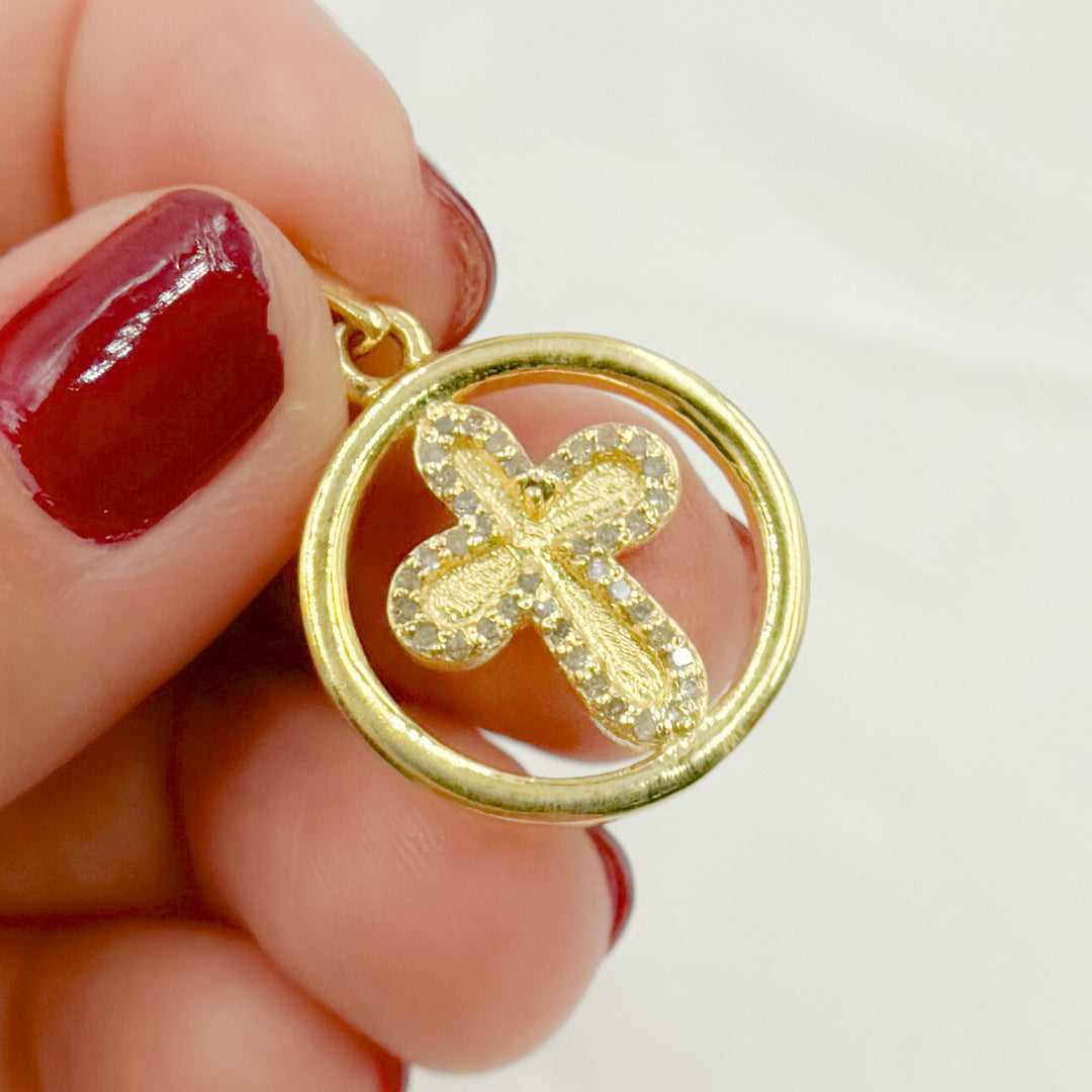 Pave Diamond & 925 Sterling Silver Black Rhodium, Two-Tone (Black Rhodium and Gold Plated), Gold Plated and Rose Gold Plated Round Cross Pendant. DP462