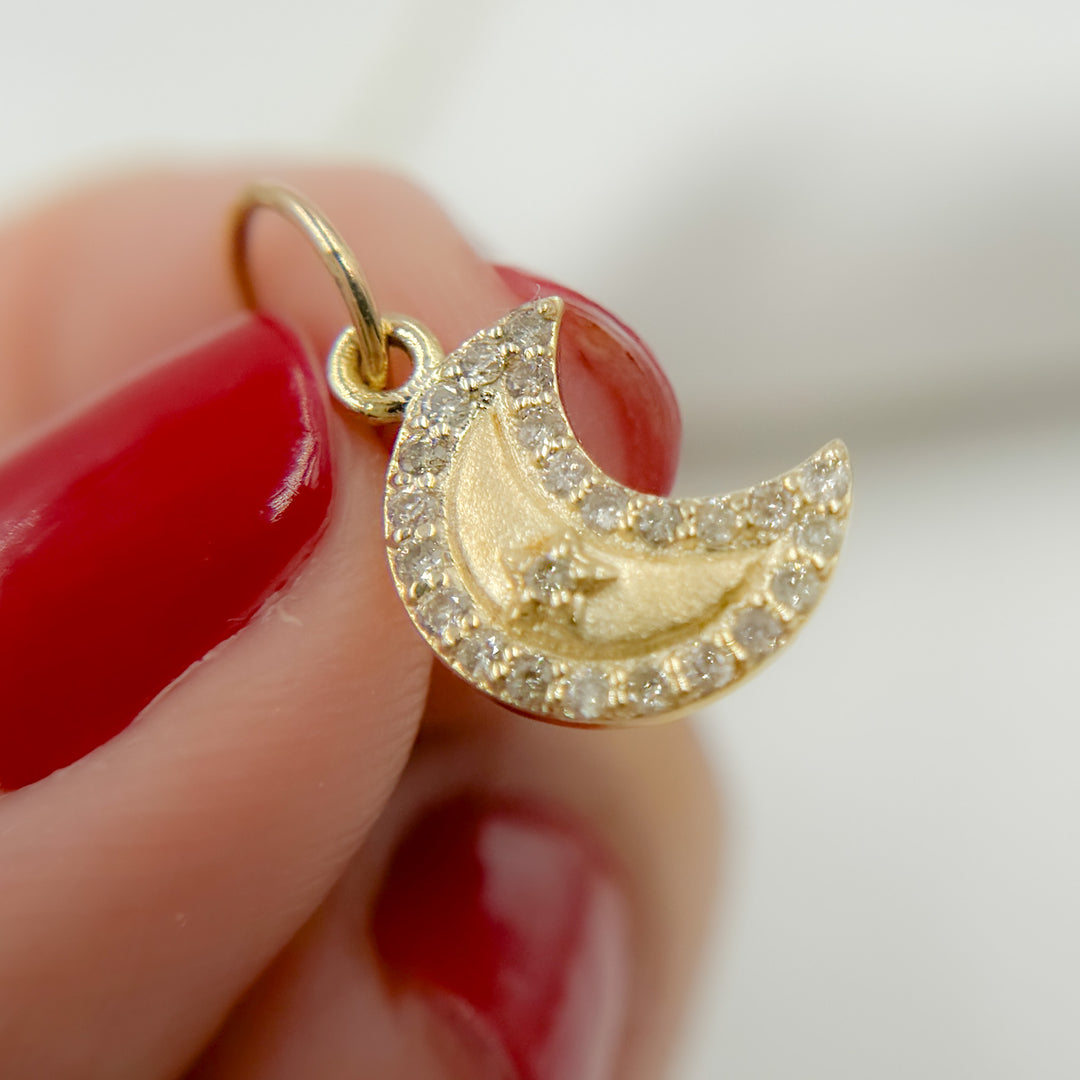 14k Solid Gold Diamond Moon and Star Charm. GDP284