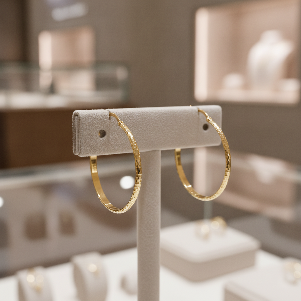 GER73. 14K Gold Diamond Cut Hollow Hoop Earrings