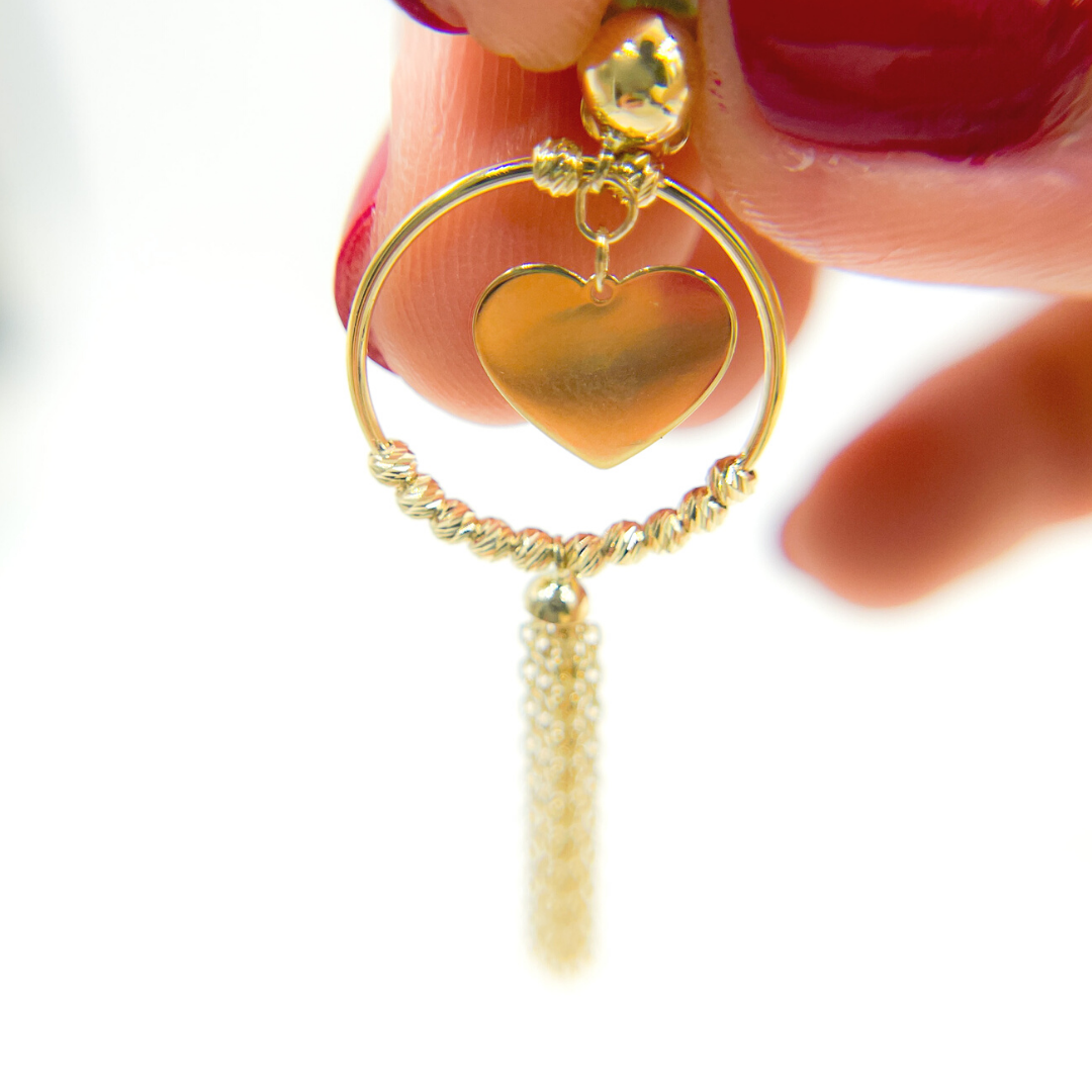 14K Gold Hoop with Heart and Diamond Cut Ball Earrings. GER109