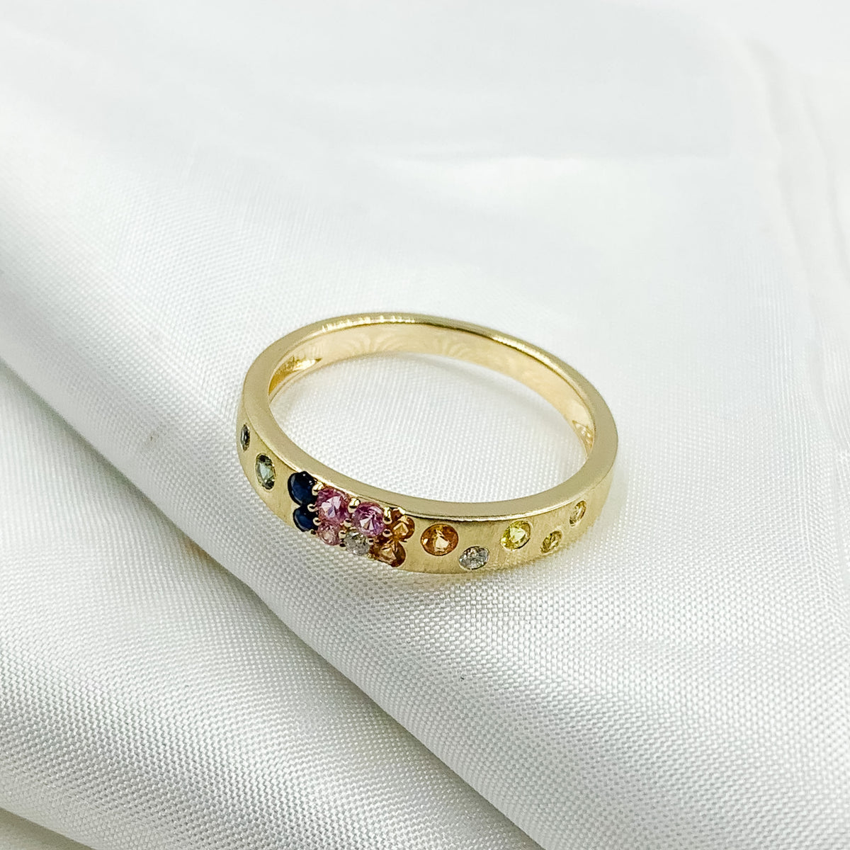 14K Solid Gold Diamond and Multi Sapphire Band Ring.
