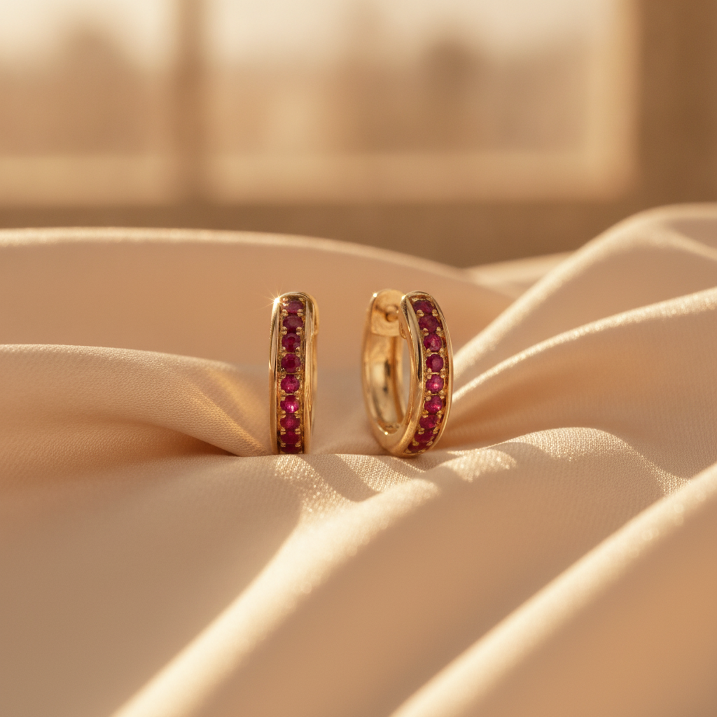 EHZ56598RU. 14K Solid Yellow Gold Ruby Huggies