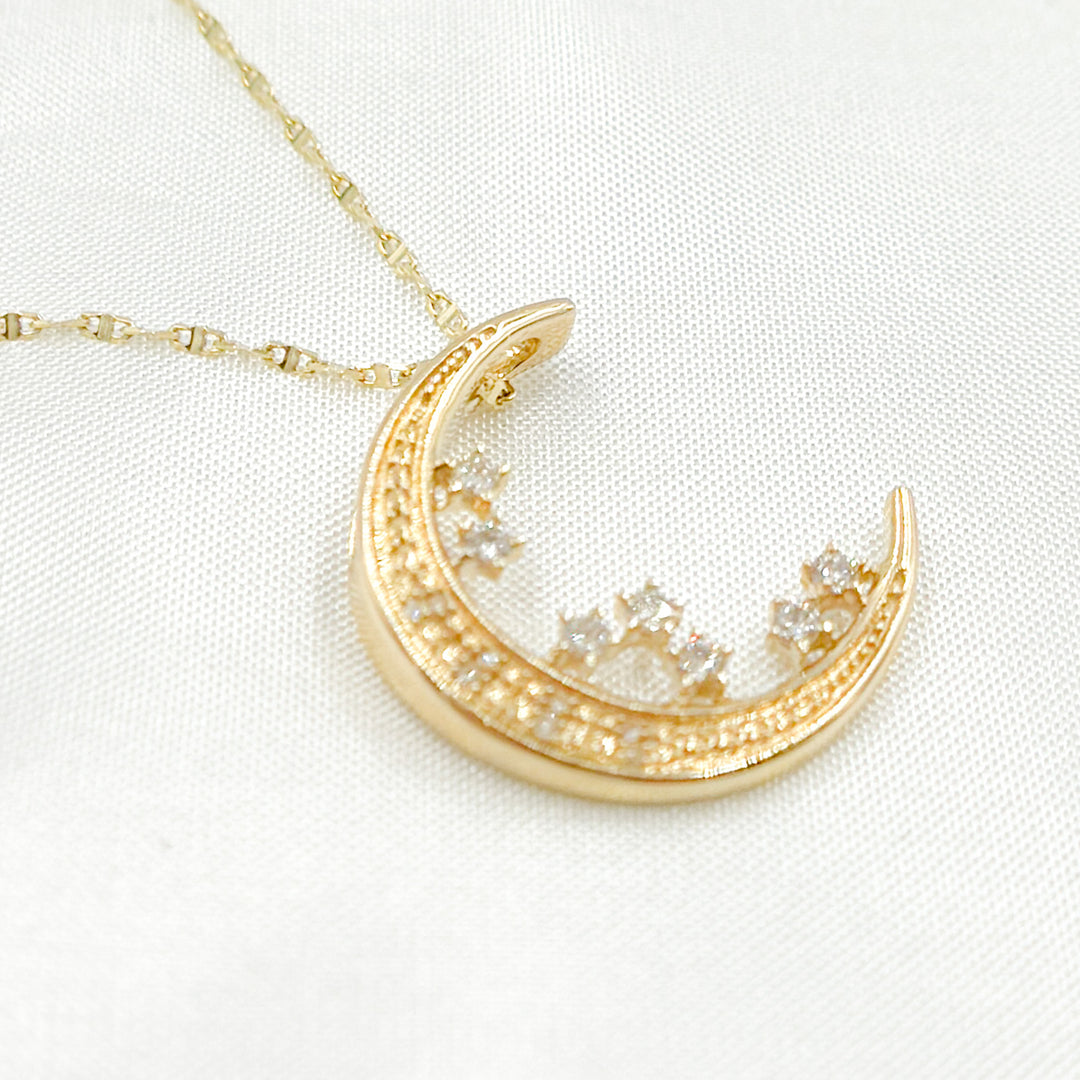 14k Solid Gold Diamond Moon and Stars Pendant. PFC30877