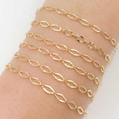 14k Solid Yellow Gold Diamond Cut Flat Oval Link Chain