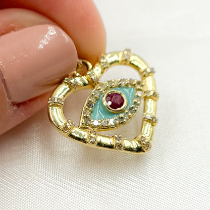 Sterling Silver Heart Eye Enamel Pendant with Gemstone