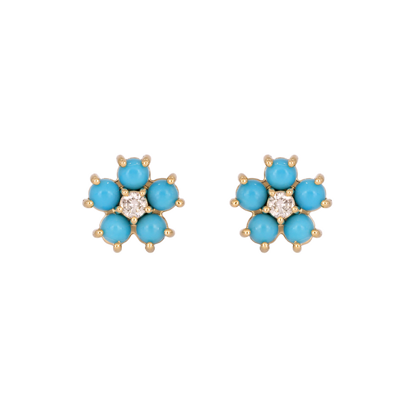 EFA53609TQ. 14K Solid Yellow Gold Diamond and Turquoise Flower Stud Earring