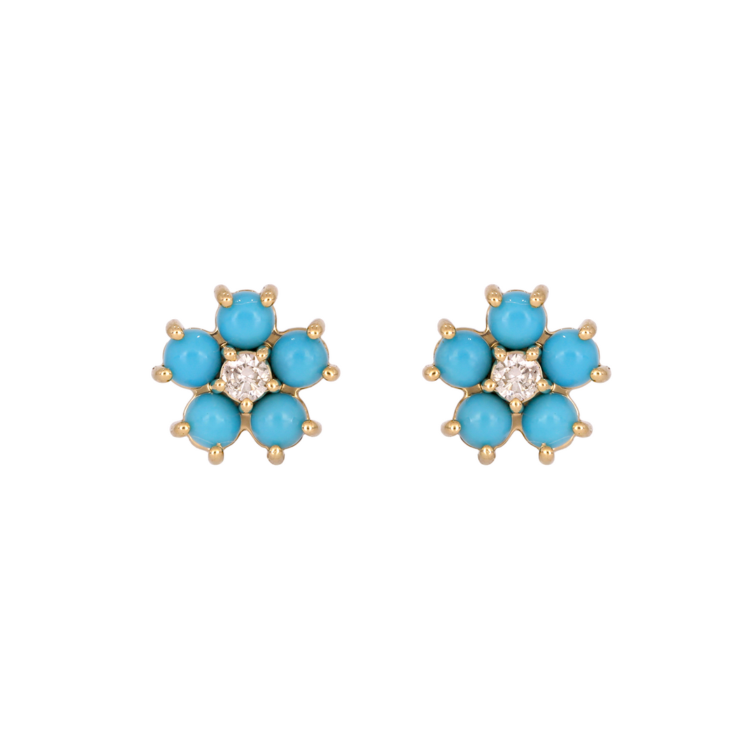EFA53609TQ. 14K Solid Yellow Gold Diamond and Turquoise Flower Stud Earring