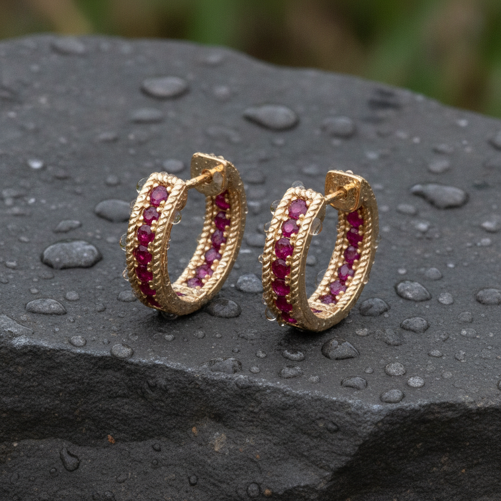 EHZ57668RU. 14K Solid Yellow Gold Ruby Huggies