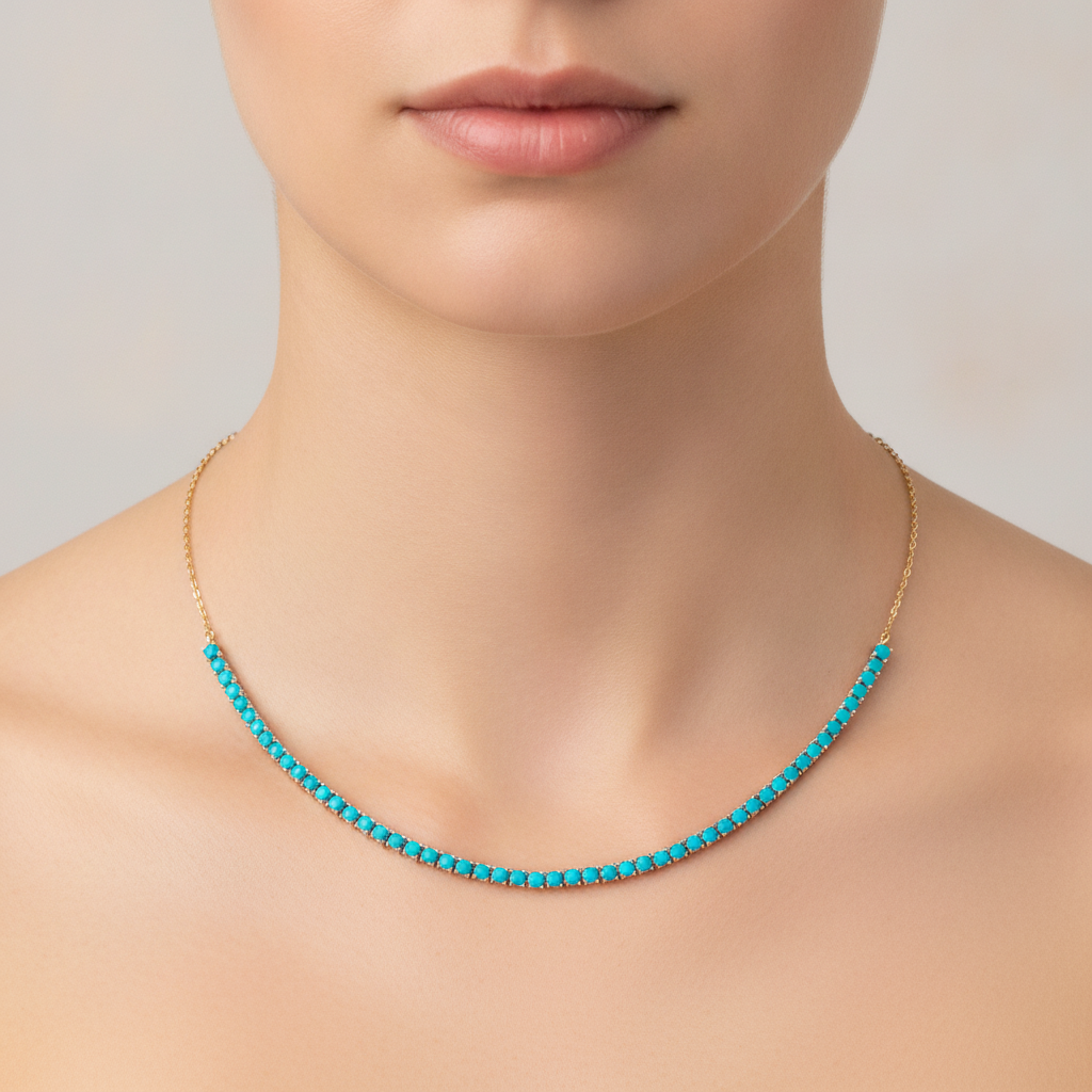 NFZ72587TQ. 14K Solid Gold Turquoise Fancy Necklace
