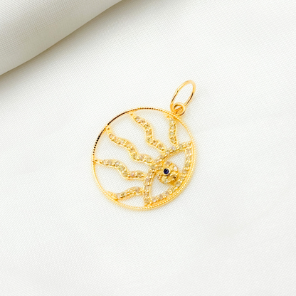 14K Gold Circle Charm Evil Eye Pendant with Diamonds and Blue Sapphire. GDP552