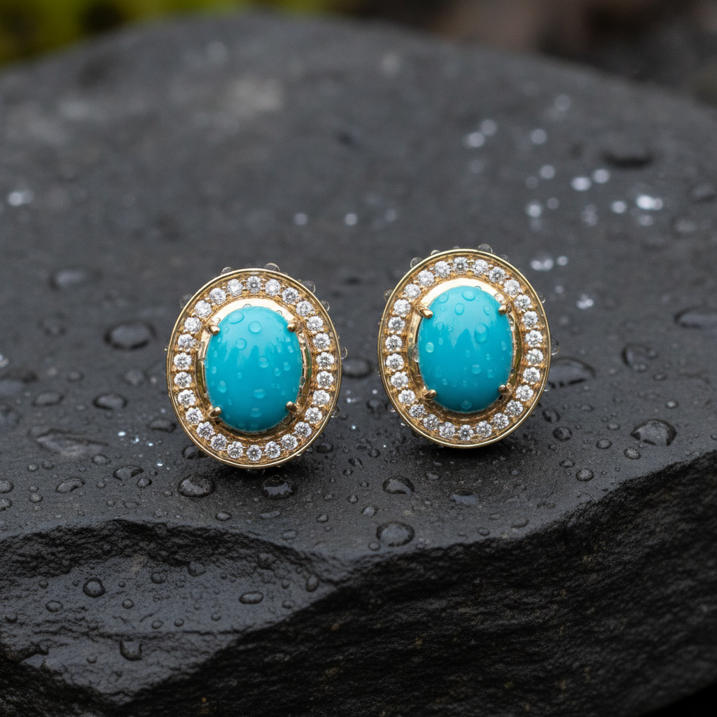 CE97455TQ9X7. 14K Solid Gold Diamond and Turquoise Oval Stud Earrings