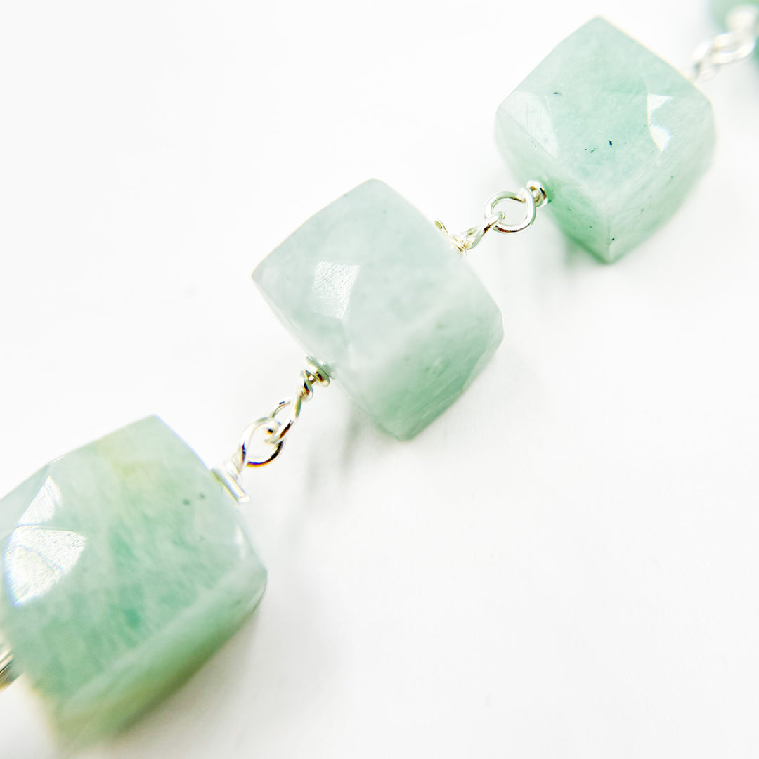 AMZ26. Amazonite Cube Faceted Sterling Silver Wire Chain