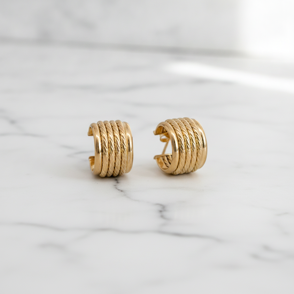15850018990. 14K Solid Gold Ribbed Hollow Hoop Earrings