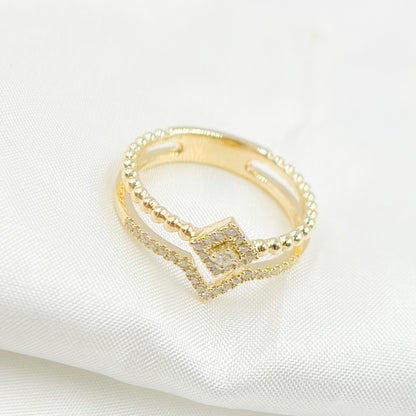 14K Solid Yellow Gold Diamond Double Line Square Ring.