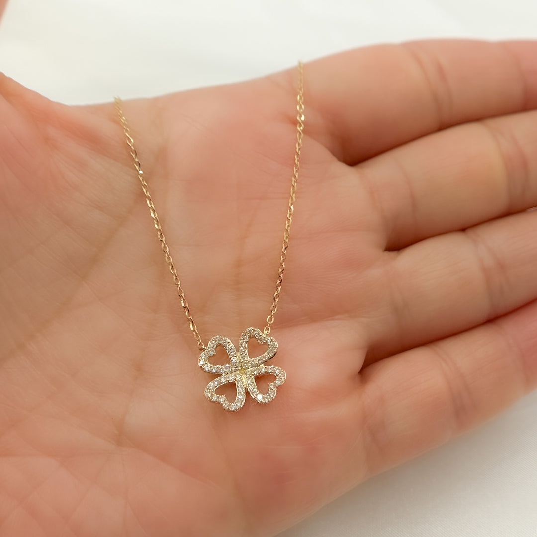 14K Solid Gold 4 Heart Clover Diamond Necklace. NT112116