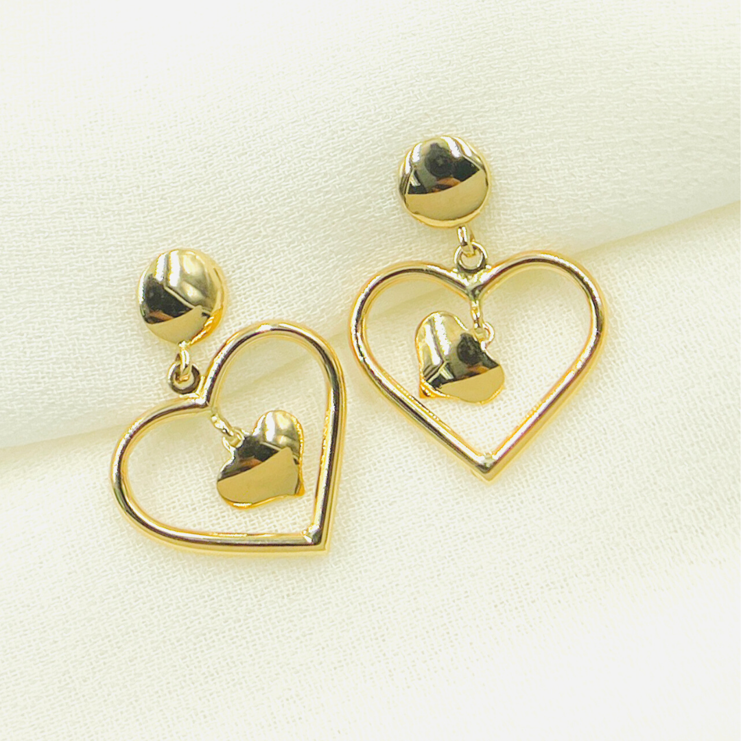 14K Gold Dangle Earring with Two Hearts. GER115