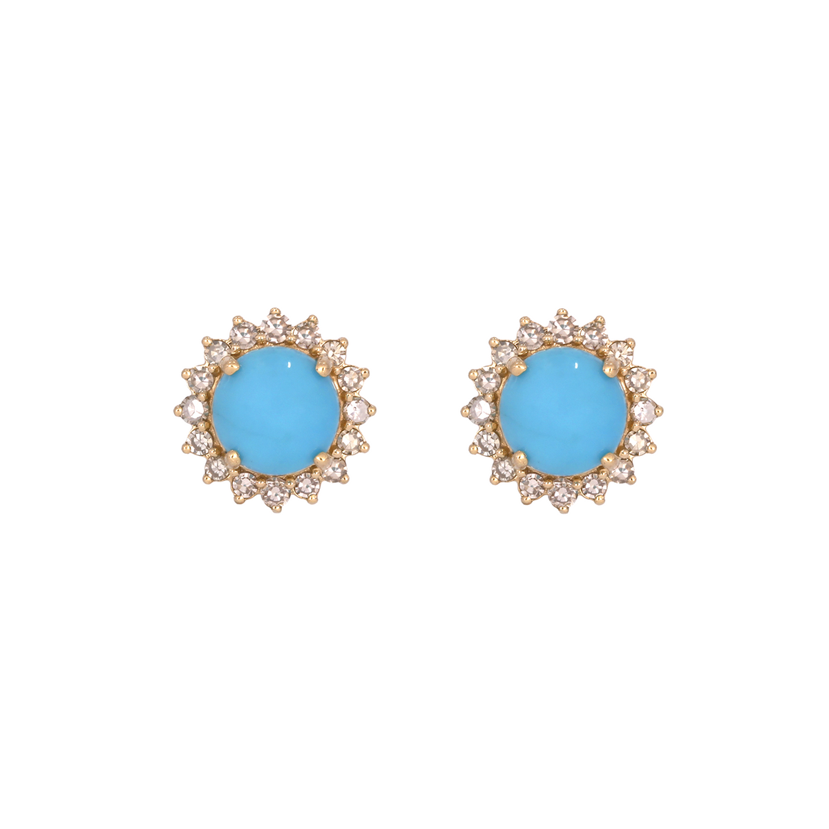 14K Solid Yellow Gold Diamond and Turquoise Round Stud Earring