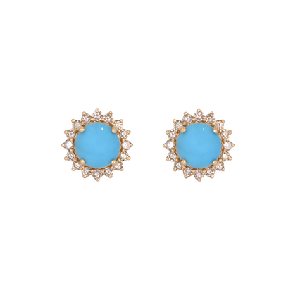 14K Solid Yellow Gold Diamond and Turquoise Round Stud Earring