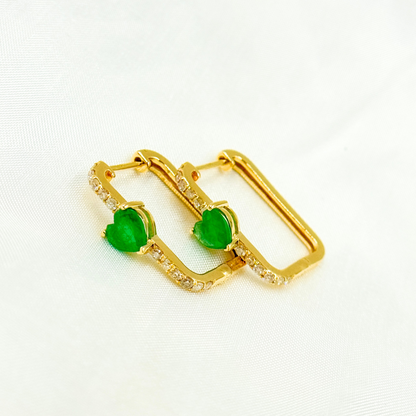 14K Solid Gold Diamond and Gemstone Heart Rectangle Hoops