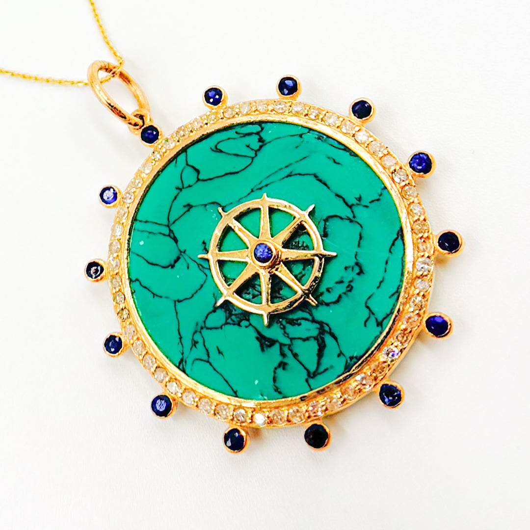 Buy Now 14K Gold Turquoise and Blue Sapphire Round Compass Pendant