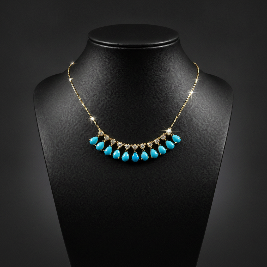 CN97255TQ6X4. 18K Solid Gold Diamond and Turquoise Necklace