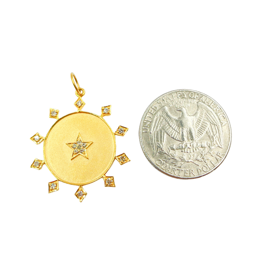 14K Solid Gold Diamonds Star Circle Charm. GDP180