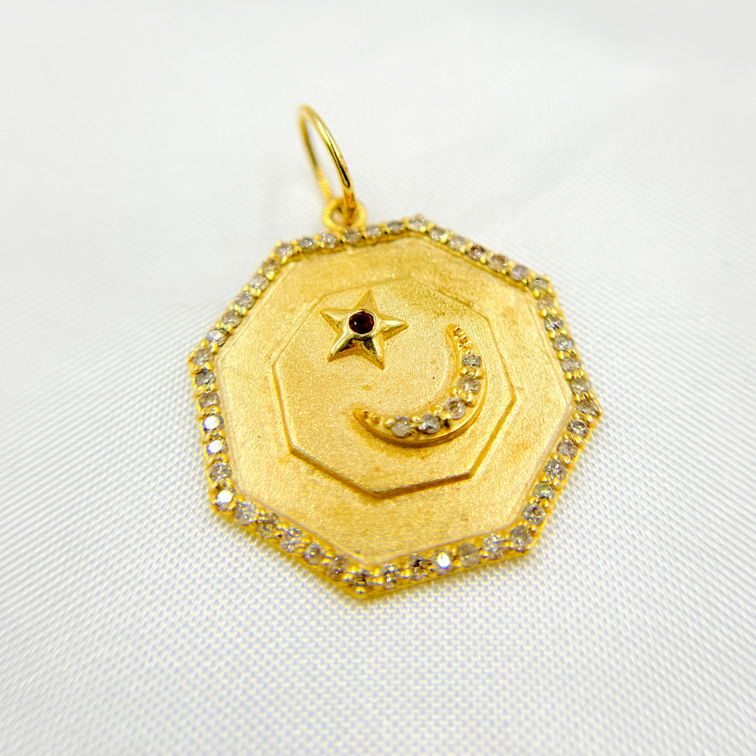 14K Solid Gold Diamond and Gemstone Octagon Charm with Moon and Star in the Center. GDP555